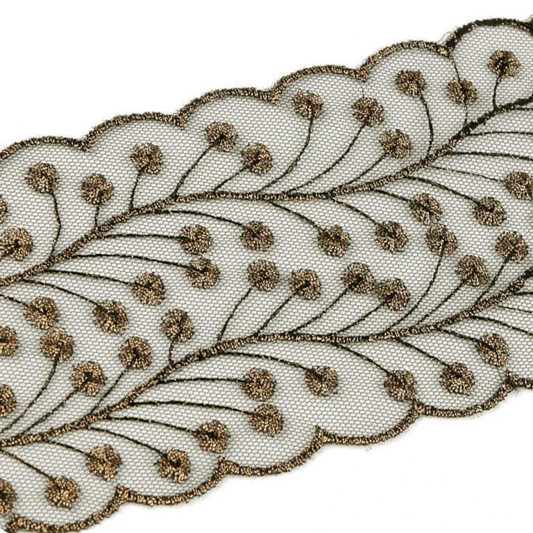 Encaje bordado de organza en negro/dorado, 8cm