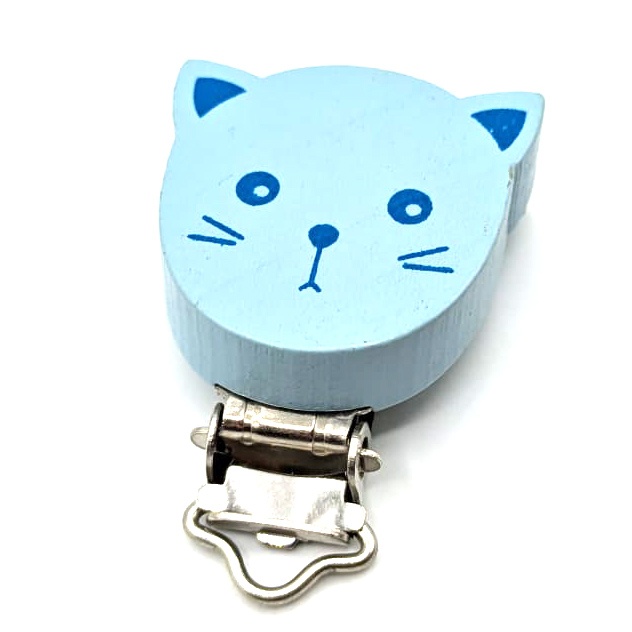 [chupetmaderagatoaz] Pinza chupetero de madera gato (Azul Claro)